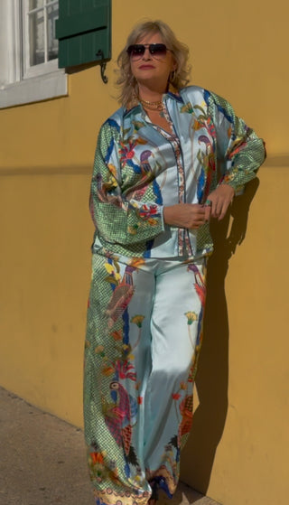 Front view of Aqua Blue Peacock Coordinate Set featuring a peacock print on a light blue backdrop, designed for tall women.