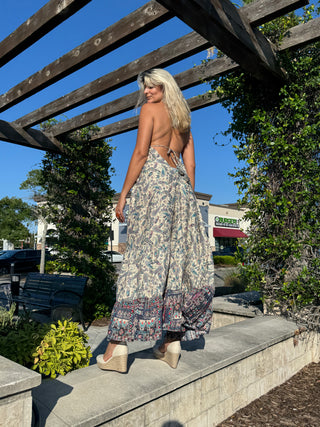 Adjustable back view of Indigo halter dress with crystal shimmer, designed for tall women 5’11” and up.