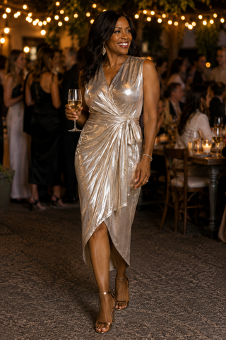 Liquid Shimmer Two Tone Wrap Midi Dress