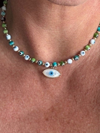 multi-color evil eye pendant chocker.