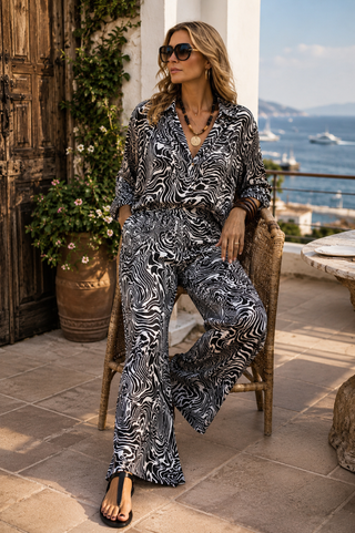 Tall Women's Zebra 3-Piece Satin Set – Blouse, Pants & Lace Skirt