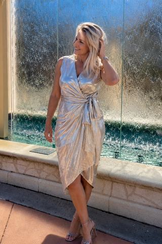 Liquid Shimmer Two Tone Wrap Midi Dress