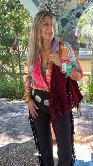 Vibrant Tall Bandana Patchwork Set: French Cuff Blouse & Wrap Skirt