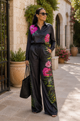 A woman wearing a black satin jumpsuit with vibrant pink and green floral prints, standing on a stone walkway in front of a building with arches.