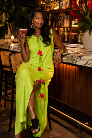 lime green maxi dress Farm Rio Lime Green Cutout Blouson-Sleeve Maxi Dress