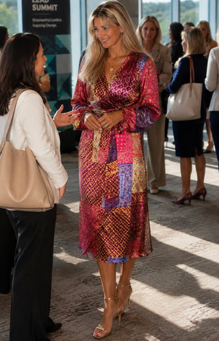 A woman wearing a vibrant, multicolored patchwork-patterned wrap dress with leopard-print details and long sleeves, standing in a lobby and talking to another woman.