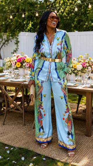 A woman stands outdoors at a garden party wearing a light blue two-piece jumpsuit with colorful bird and floral prints, a wide gold belt, and sunglasses. The background features a white fence, green trees, and decorated tables with flowers and string lights.