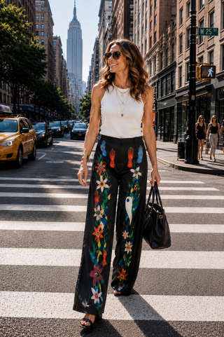 A woman walking across a city crosswalk wearing a white sleeveless top and black wide-leg pants with colorful mystical charms, holding a black handbag.