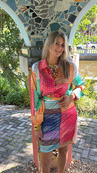 Vibrant Tall Bandana Patchwork Set: French Cuff Blouse & Wrap Skirt