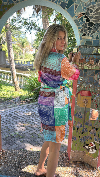 Vibrant Tall Bandana Patchwork Set: French Cuff Blouse & Wrap Skirt