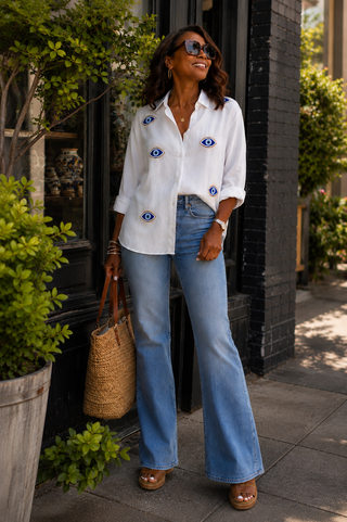A woman stands on a city sidewalk wearing a white button-up shirt with blue embroidered eye motifs, light-wash blue flare jeans, sunglasses, and brown sandals, holding a woven straw tote bag.