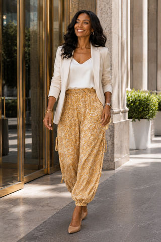 A woman walking outdoors in front of a building entrance, wearing a white blazer, white top, and loose mustard-yellow paisley patterned harem-style pants with beige heels.