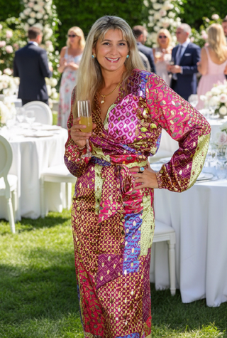 A woman stands outdoors at a garden party wearing a long-sleeved wrap-style dress with a vibrant multicolor geometric patchwork pattern in pink, purple, red, and gold. She is holding a glass of champagne.