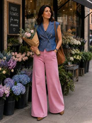 A woman stands on a sidewalk in front of a flower shop, wearing a blue double-breasted sleeveless Chambray waistcoat with built in shoulder pads and pink wide-leg pants, holding a bouquet of flowers and wearing a brown shoulder bag