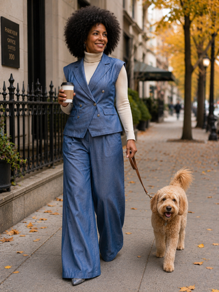 A woman walking a small golden dog on a city sidewalk, wearing a tailored blue sleeveless blazer and matching wide-leg pants over a cream turtleneck, while holding a coffee cup.