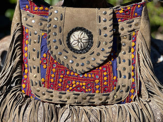 Leather|Satchel Bag|Crossbody with Fringe|Embroidered Details|Tan - Paryse Style