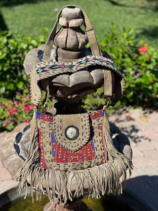 Leather|Satchel Bag|Crossbody with Fringe|Embroidered Details|Tan - Paryse Style