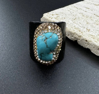 Turquoise Rhinestone Leather Ring - Paryse Style | Tall Fashion