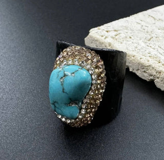 Turquoise Rhinestone Leather Ring - Paryse Style | Tall Fashion