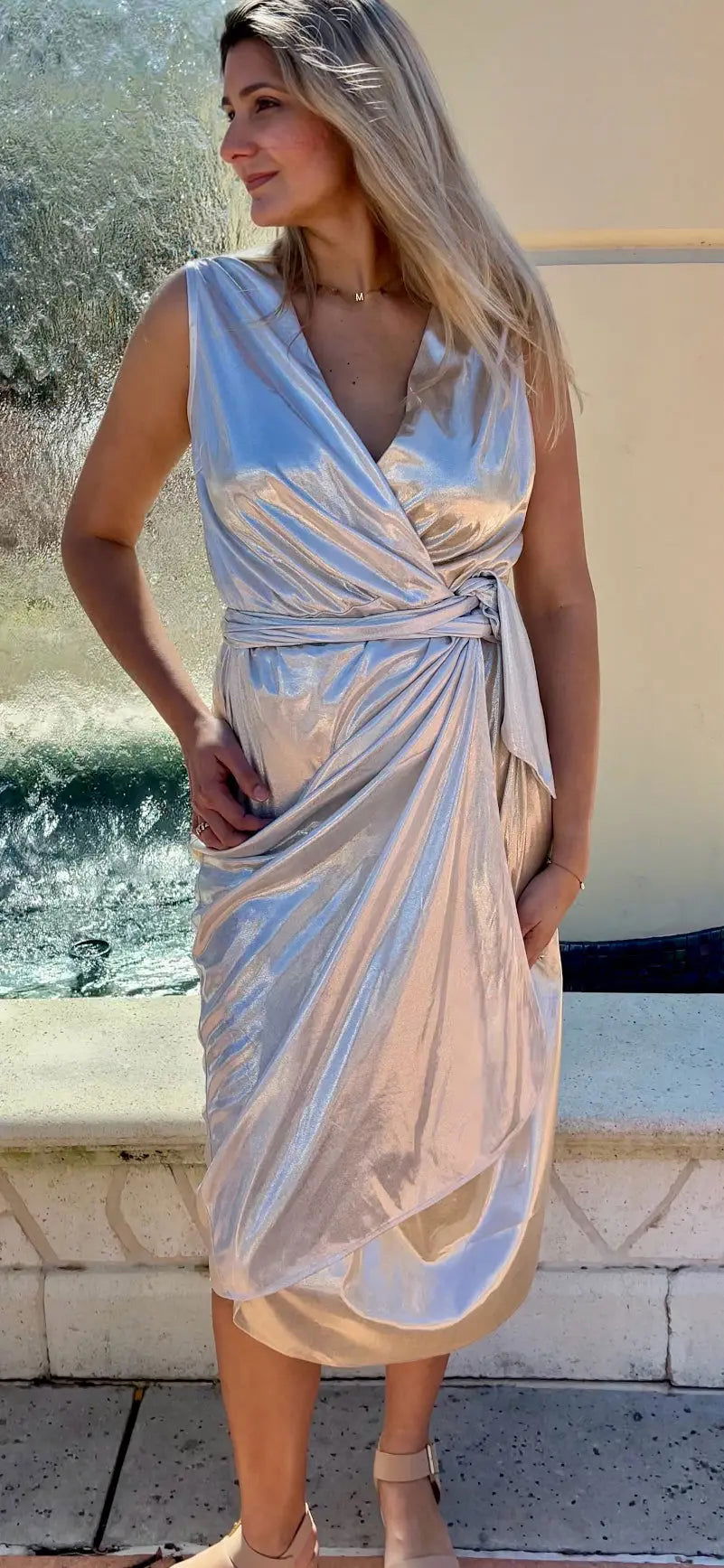Liquid Shimmer Two Tone Wrap Midi Dress Liquid Shimmer Two Tone Wrap Midi Dress