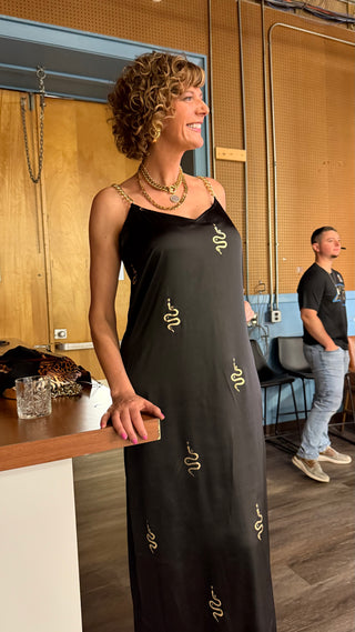 Tall Black Silk Slip Dress – Gold Snake Detail Front View