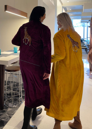 True Tall Length Marigold Velvet Duster on 6'5 and 6'2 Models