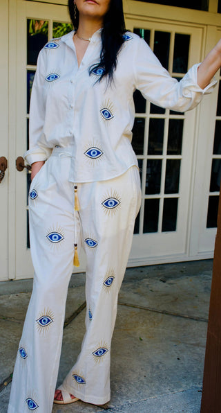 Evil eye embroidered detail on luxury tall pant set